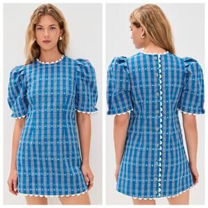 Blue Plaid Puff-Sleeve Mini Dress